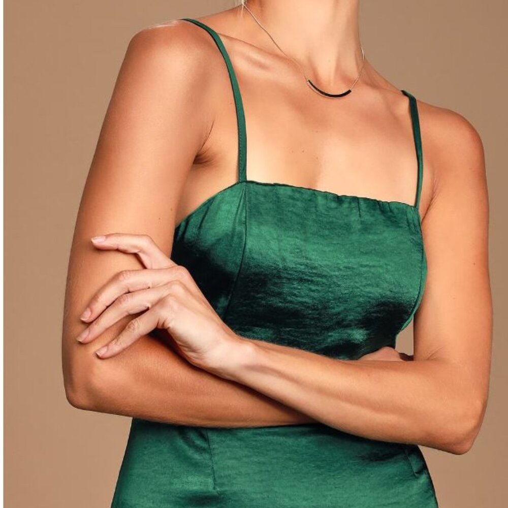 NWT LULUS Dreams Come True Emerald Green Satin Ruffled Mini Dress - Picture 3 of 7